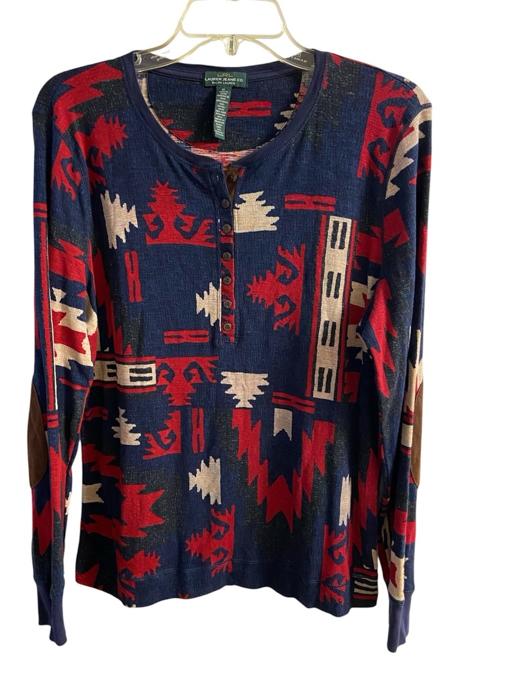 Lauren Ralph Lauren Aztec Henley Top Navy Red  Elbow Patch Long Sleeve XL
